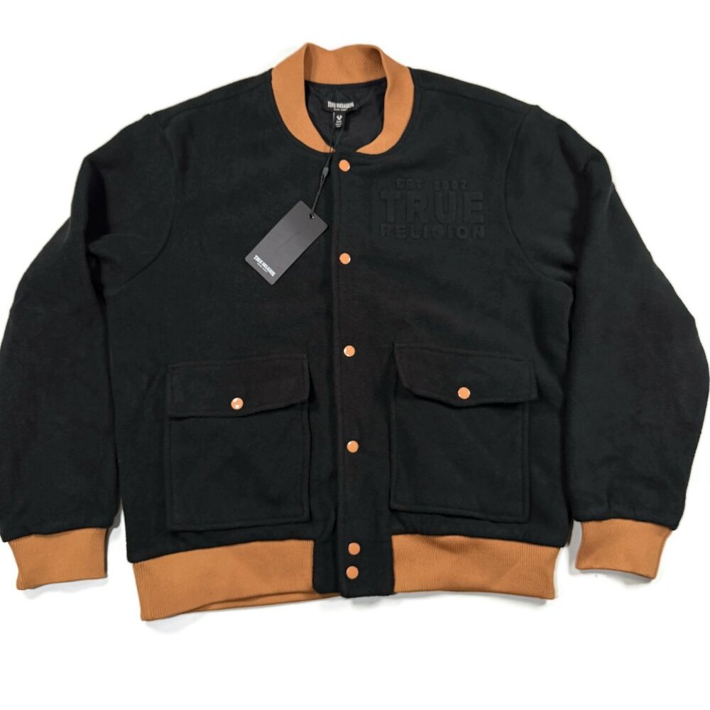 True Religion Black Fleece Bomber Jacket Mens Medium Embossed Logo Snap NWT